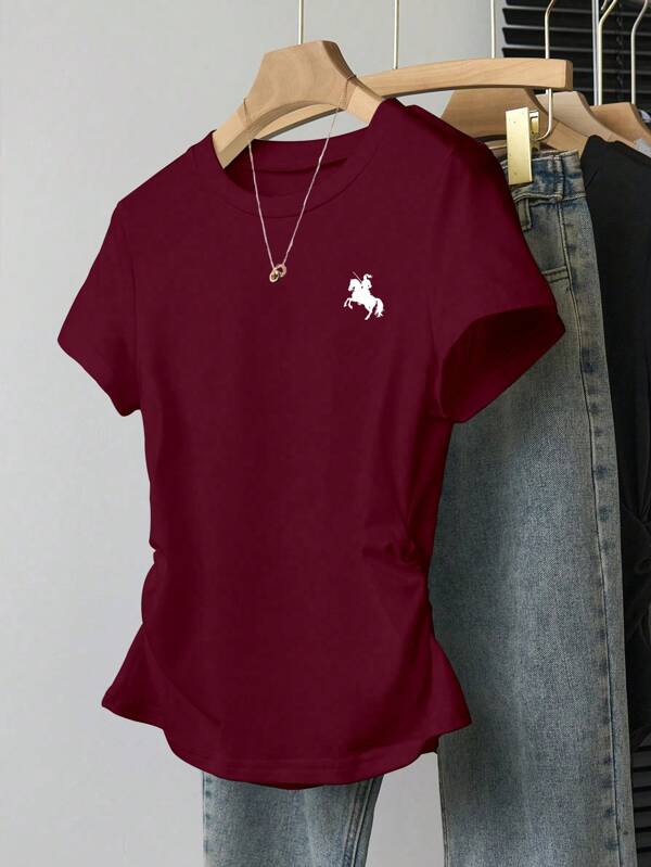 INAWLY Women's Waist-Defined T-Shirt, Newest Summer Design With Knights Printed Pattern