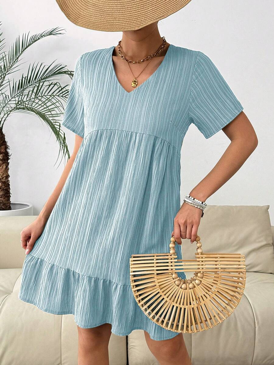 Chiquease Women's Summer Solid Color V-Neck Short Sleeve Ruffle Hem Dress Vacation Beach Outfit