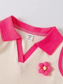 SHEIN Playful Pals 2 件套女童 3D 花卉针织撞色 Polo 衫和针织喇叭裤，夏季服装 - 玫紅色 - 查看 4