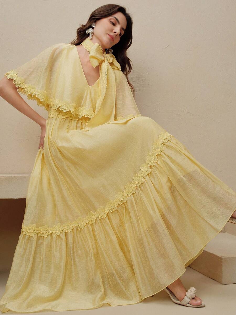 Anewsta Summer Fashion & Vacation Style Floral Lace Patchwork Women's Dress, Butter Yellow - Yellow - View 1