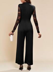 SHEIN Clasi Women's Splicing Lace Hollow Out Wide Leg Jumpsuit - Black - View 2