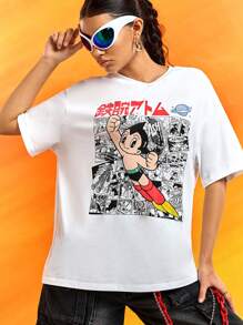 Astro Boy X SHEIN Women's Cartoon Pattern White Round Neck Short Sleeve T-Shirt, Summer Graphic Tee