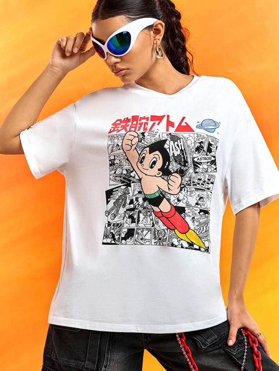 Astro Boy X SHEIN Women's Cartoon Pattern White Round Neck Short Sleeve T-Shirt, Summer Graphic Tee