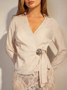 COSMINA Women's Solid Color Drop Shoulder Long Sleeve Metal Decor Fashion Shirt - Rust Brown - View 4