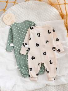SHEIN 2pcs/Set Newborn Baby Girl Cute Pink Polka Dot Long Sleeve Romper Outfit Set, Autumn/Winter