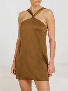 AiiRZ Vestido mini de cuello halter de satén con detalle de nudo delantero, elegante para fiestas de noche, bodas y ocasiones especiales de verano, vestidos de verano para mujer, ropa bohemia para mujer - Marrón Chocolate - Ver 4