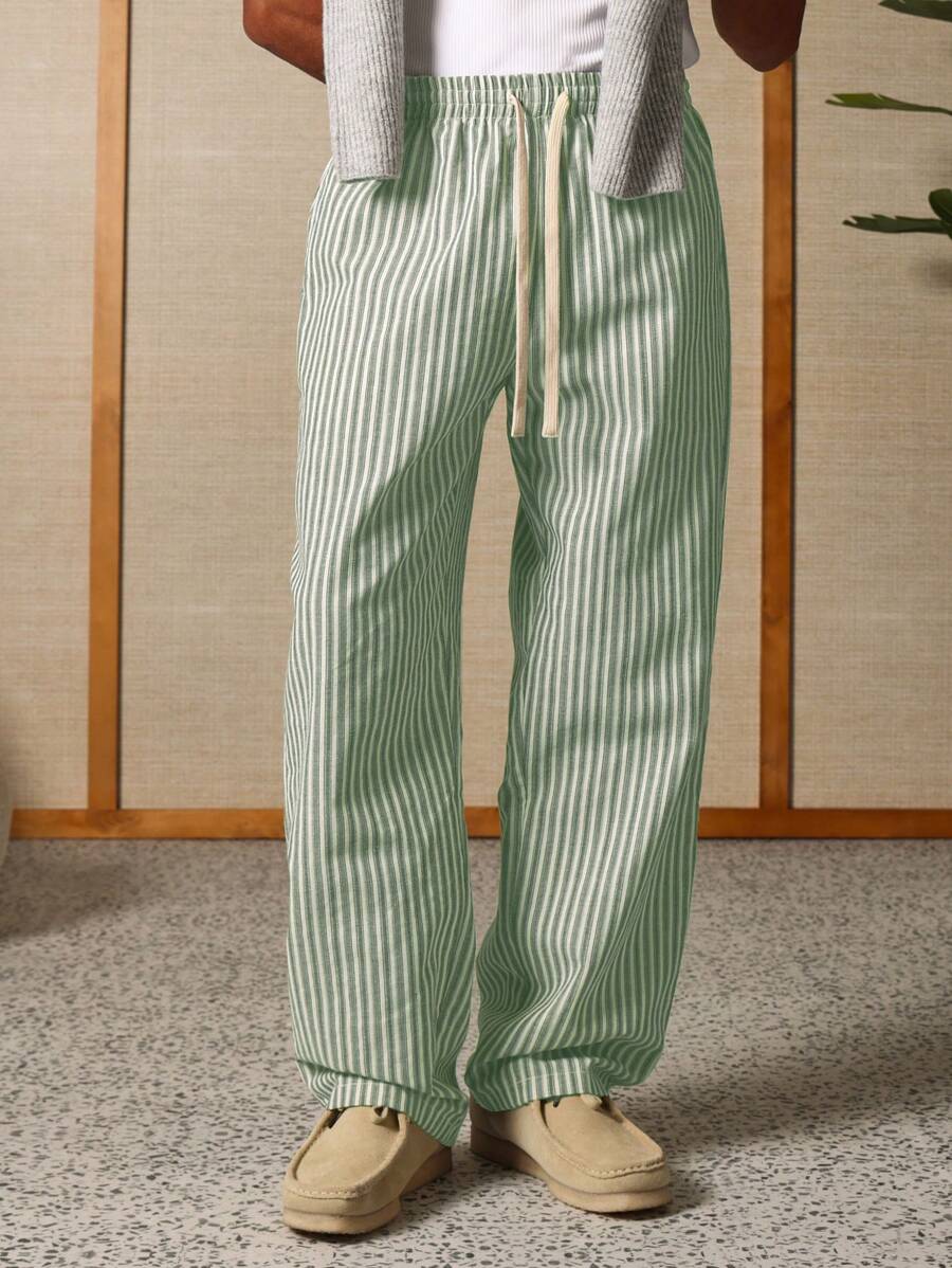 SUMWON 宽松条纹长裤家居服休闲宽松抽绳溜冰风格舒适下装春秋时尚 - 綠色 - 查看 1