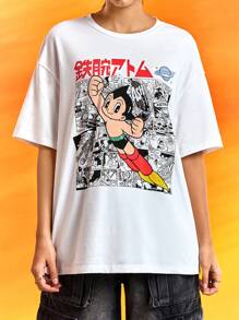 Astro Boy X SHEIN Women's Cartoon Pattern White Round Neck Short Sleeve T-Shirt, Summer Graphic Tee