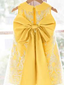 SHEIN 年轻女孩优雅彼得潘领后背大蝴蝶结装饰无袖 A 字型蕾丝连衣裙，华丽公主，正式服装，兄弟姐妹服装，派对服装，生日姐妹服装，适合女孩日常穿着、节日、家庭聚会和特殊场合，兄弟姐妹服装姐妹风格服装，春夏，可爱、优雅、甜美、复古、时尚。妈妈和女儿和姐妹搭配。