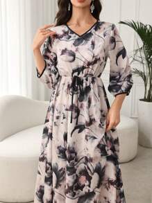 SHEIN Lacomfia 女式花卉印花拼色缎带腰部阿拉伯风格长裙，春夏，端庄