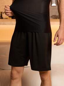 Manfinity Underwear&Sleepwear Basics 男士纯色时尚汗衫，适合夏季 - 黑色 - 查看 6
