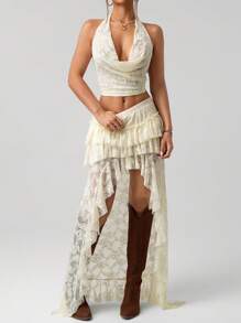 SHEIN ICON 2pcs/Set Women Lace Halter Neck Camisole And Asymmetrical Hem Mini Skirt 4th Of July Women Outfits Back To School - White - View 6