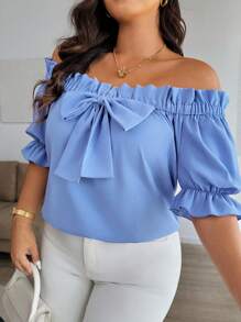 Easura Plus Size Women's Versatile Off Shoulder & Square Neck Blouse, Elegant For Office Wear, With Bow