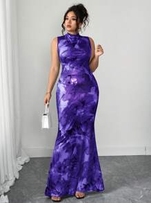 Elenzga Floral Print High Neck Sleeveless Dress, High Waisted Slimming Vintage Chic Midi Dress, Elegant Ruffled Waist Belted Maxi A-Line Floral Dress, French Holiday Casual Long Dress, Summer New Vacation Belted Long Dress, Knitted Floral Print Dress