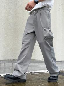 Manfinity Hypemode Pantalones casuales sueltos rectos con varios bolsillos y botones de unicolor para hombre - Gris Oscuro - Ver 3