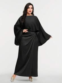 Veilorie Set in großen Größen für Damen mit einfarbigem Shirt mit Rundausschnitt und Fledermausärmeln und plissiertem Midirock, 2 Stücke, elegant und dezent