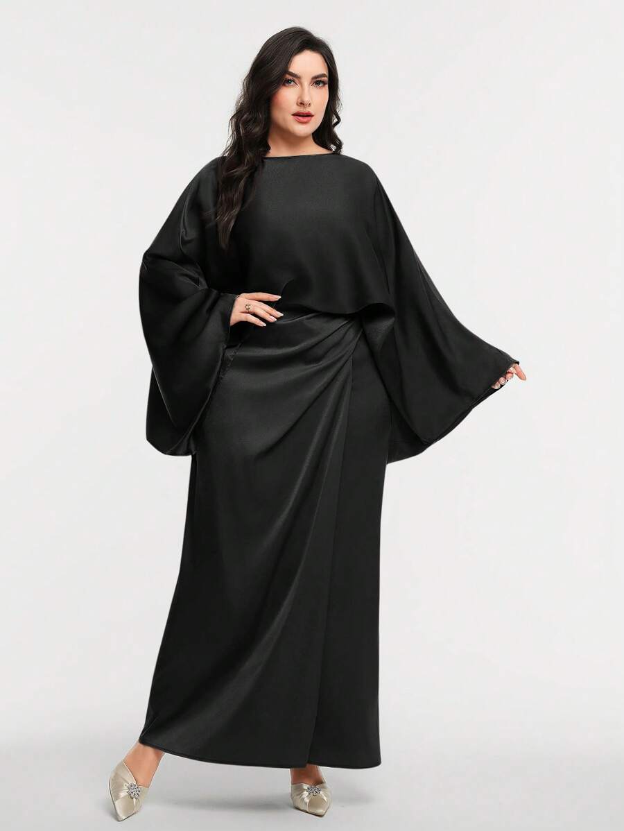 Veilorie Set in großen Größen für Damen mit einfarbigem Shirt mit Rundausschnitt und Fledermausärmeln und plissiertem Midirock, 2 Stücke, elegant und dezent