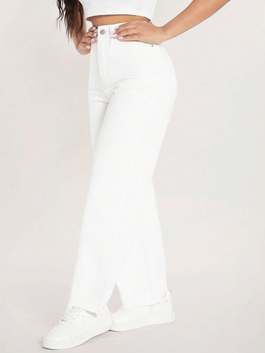 SHEIN PETITE Solid Raw Hem Jeans - White - View 1