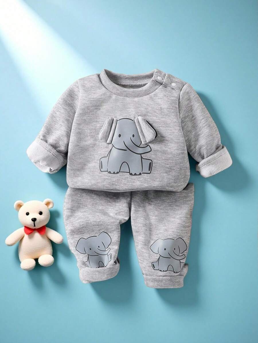SHEIN Newborn Baby 2‑Piece Outfit, 3D Cartoon Elephant Shoulder Snap Long Sleeve Top & Jogger Pants Set, Infant Casual Tracksuit - Grey - View 1
