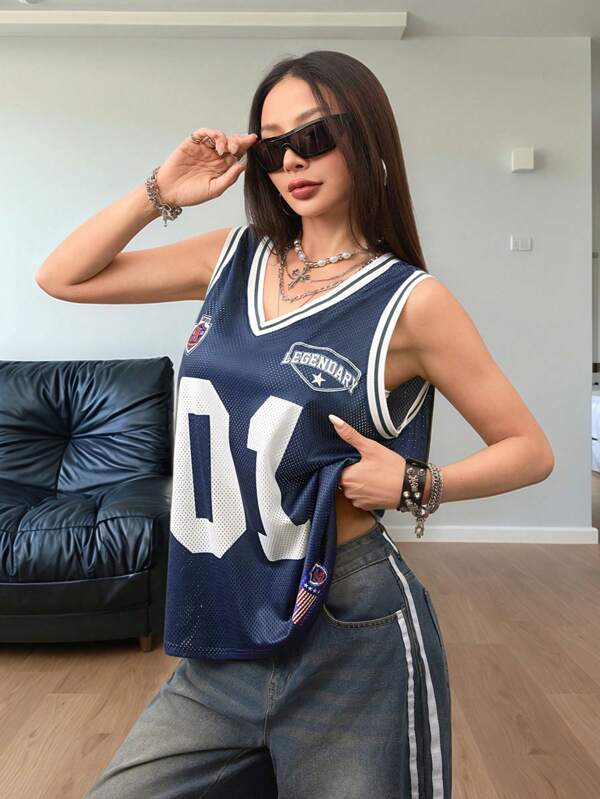 Coolane Women's Spring/Summer Streetwear Blockcore Sport Breathable Mesh Number Printed Basketball Tank Top