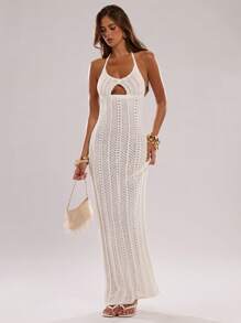 SHEIN BAE New Fashion Elegant Strapless Shell Hollow Out Knit Dress For Women - White - View 3