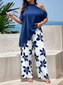 SHEIN LUNE Plus Size Blue Casual Loose Off-Shoulder Two-Piece Suit, Suitable For Summer, Contrast Vintage Blue And White Print Wide-Leg Pants And Off-Shoulder Asymmetrical Hem Shirt, Women's Two-Piece Suit, Resort Style, Holiday Outfit, Bohemian Style, Old Style, Ins Blogger Outfit, 2-Piece Suit,Simple And Stylish For Mother's Day - Navy Blue - View 4