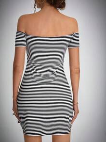 SHEIN Tall Striped Print Off Shoulder Dress,Tea Party Dress,Summer Dresses For Women - Black and White - View 2