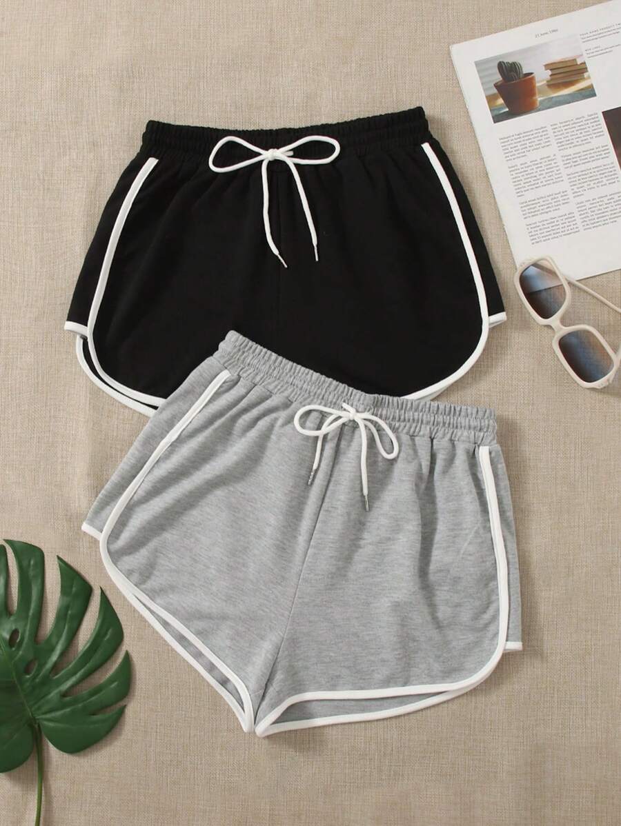 Comfortcana 2pcs Drawstring Waist Contrast Binding Track Shorts - Multicolor - View 1