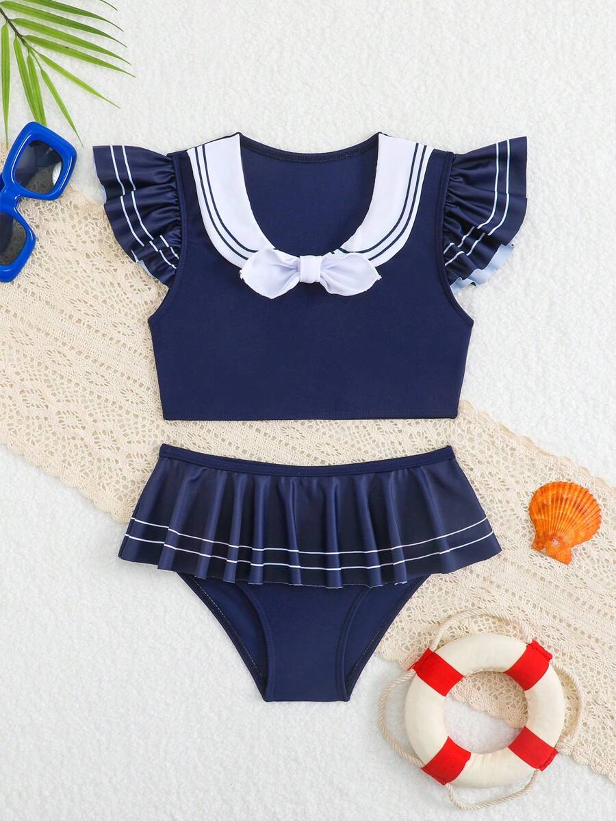 女童泳衣套装，女童可爱海军风印花比基尼套装（4-7岁） - 彩色 - 查看 1