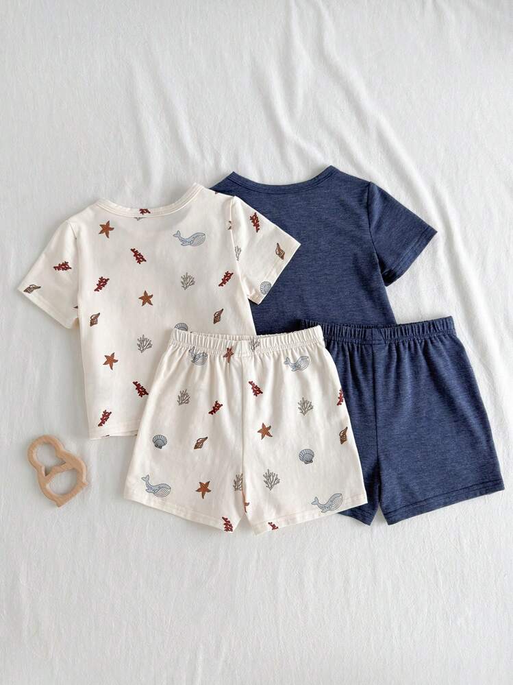 أطقم ملابس علوية بياقة دائرية قصيرة الأكمام والشور...