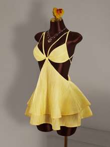 Amplova 女式性感简约纯色交叉露背多层下摆吊带背心迷你连衣裙，夏季