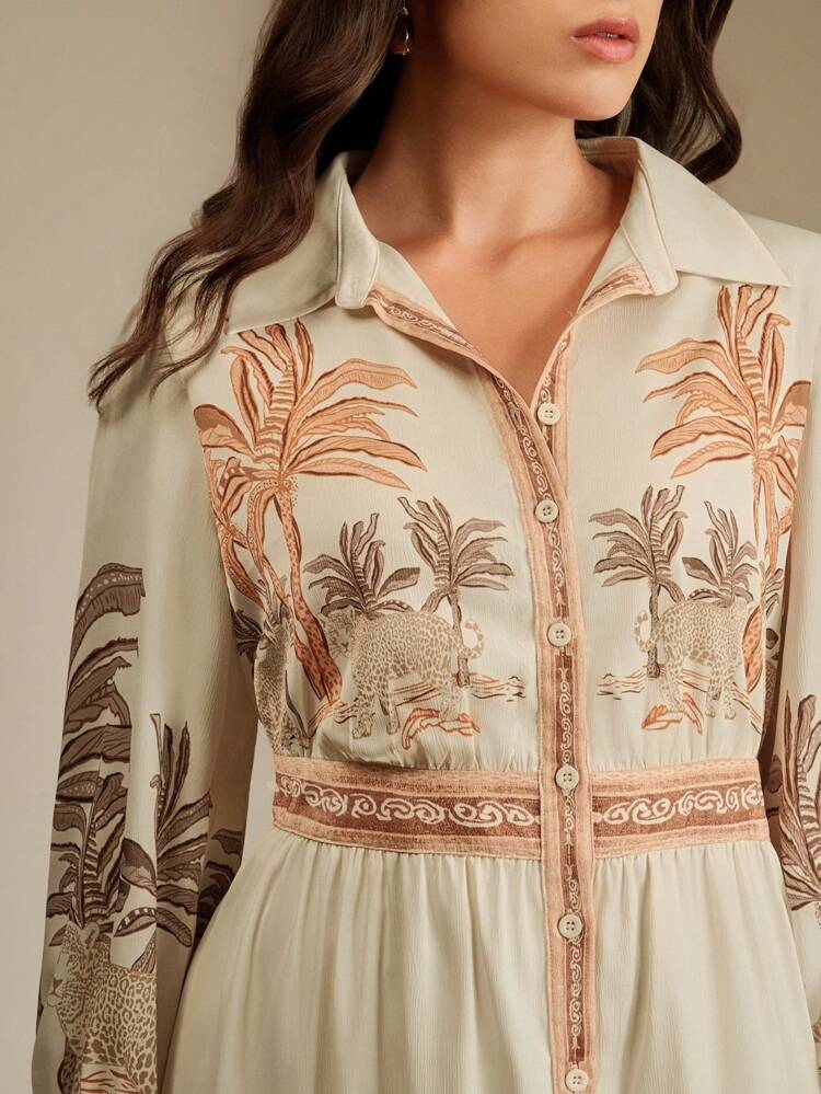 Vacation Chic Coconut Tree Print Lantern Sleeve Maxi Dress, Casual Beach Women Long Sleeve Gown