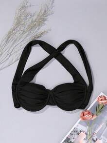 Vaytide Summer Beach Ruched Crisscross Underwire Bikini Top - Black - View 5