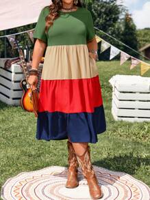 EMERY ROSE Robe décontractée à volants et blocs de couleurs, manches courtes, taille grande. Style simple et mode. Convient pour l'été, le style décontracté, la mode estivale, les tenues de femmes, les tenues de concert country, les tenues western pour femmes, les vêtements d'été pour femmes en grande taille, les vêtements d'affaires décontractés pour femmes en été - Multicolore - Voir 3