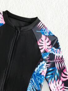 SHEIN 1 bộ đồ bơi liền thân cho bé gái tuổi teen, đồ bơi liền thân màu đen in họa tiết phối màu, thích hợp cho bơi lội mùa hè. - màu đen - Xem 5