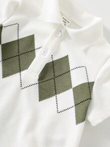 SHEIN 男童女童休闲日常菱形印花白色 Polo 衫和橄榄绿短裤两件套，适合春夏季 - 軍綠色 - 查看 4