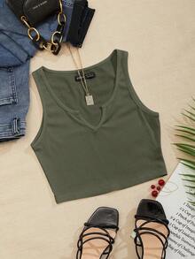 RosyDaze Notch Neck Rib-knit Tank Top - Army Green - View 2