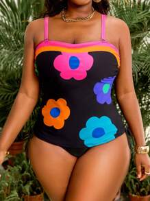 Slaydiva 2pcs Plus Size Women Floral Print Black Base Halter Tankini Top With Drawstring High Waist Bottoms, Summer Beach Vacation - Multicolor - View 5