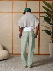 SUMWON 宽松条纹长裤家居服休闲宽松抽绳溜冰风格舒适下装春秋时尚 - 綠色 - 查看 5