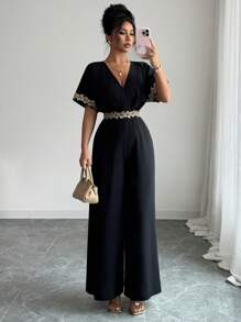 Elenzga 新设计感金色花卉蕾丝束腰黑色优雅蝙蝠袖连体裤，春夏