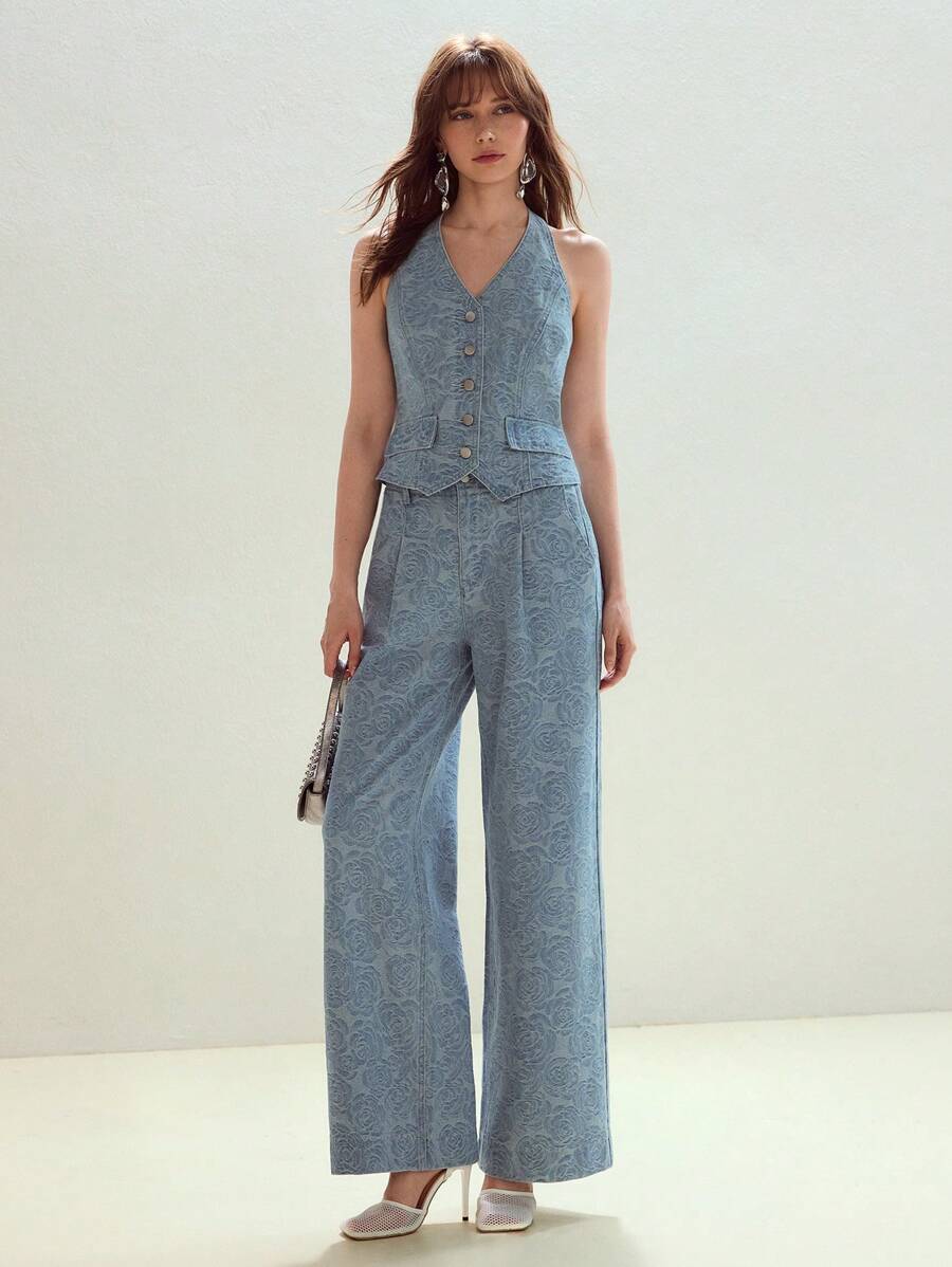 MOTF STUDIO HALTER JACQUARD DENIM TOP - Blue - View 1