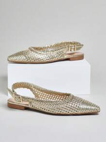 SHUZIA 女士时尚编织尖头露跟平底鞋 - 金色 - 查看 1