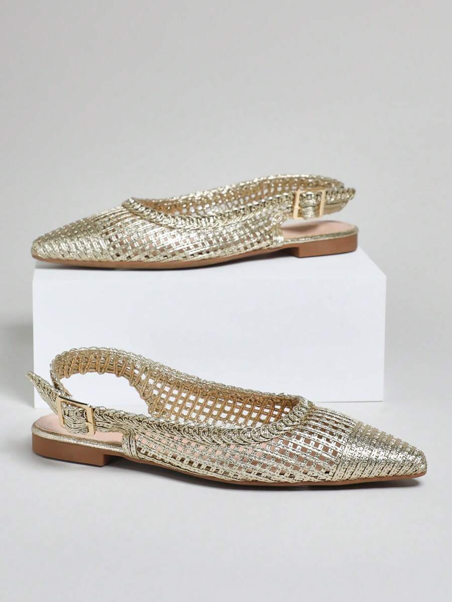 SHUZIA 女士时尚编织尖头露跟平底鞋 - 金色 - 查看 1