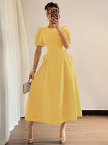 Elenzga 2025夏季婚礼法式蓝色常规肩泡泡袖收腰侧系带修身浪漫度假连衣裙，高端唯美 - 黃色 - 查看 6