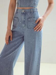 MOTF STUDIO RHINESTONE DETAIL PATCH POCKET WIDE LEG JEANS