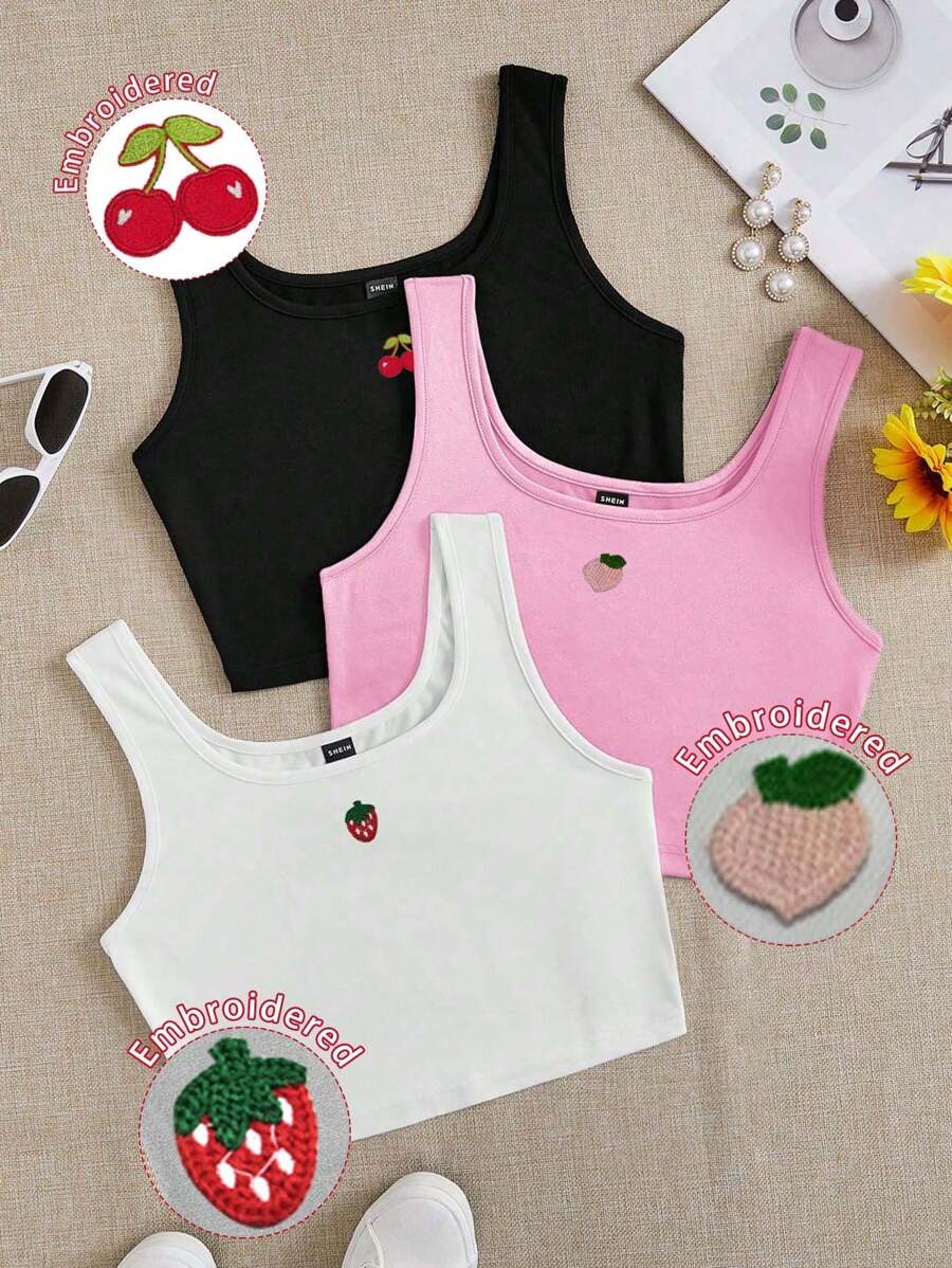 SHEIN EZwear 3 件女式水果刺绣短款背心，休闲合身度假海滩适合夏季、春假刺绣短款上衣可爱短款上衣夏季短款上衣短款背心水果刺绣短款上衣 - 彩色 - 查看 1
