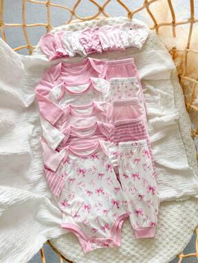 Newborn Baby Girl Cute Versatile Knit Striped & Pink Star Pattern Jumpsuit, Pants, And Gloves 5Pcs/Set