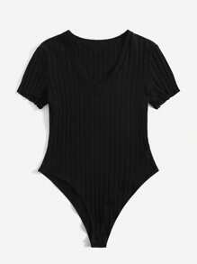 SHEIN EZwear Plus Ribbed Knit Lettuce Trim Bodysuit - Black - View 5
