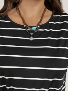 SHEIN LUNE Plus Size Nữ Sọc Trắng Cổ Tròn Cổ Cánh Dơi Tay Ngắn Playsuit Thường Ngày Cho Mùa Hè - Đen và trắng - Xem 7