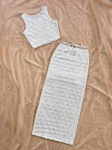 Soleia Women Holiday Summer White Floral Lace Cami Top And Split Skirt Set, Casual For Dates, Afternoon Tea, Parties, Music Festivals, Boho Vacation Lace 2 Pieces Set Crochet Skirt Set White Skirt And Top Set Beach Outfits For Woman Skirt Set